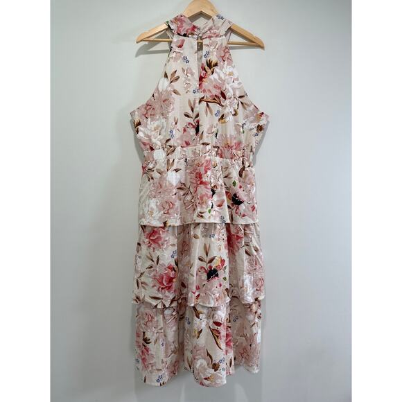 Express XL Floral Criss Cross Tiered Ruffle Linen Sleeveless Halter Midi Dress - Picture 10 of 10